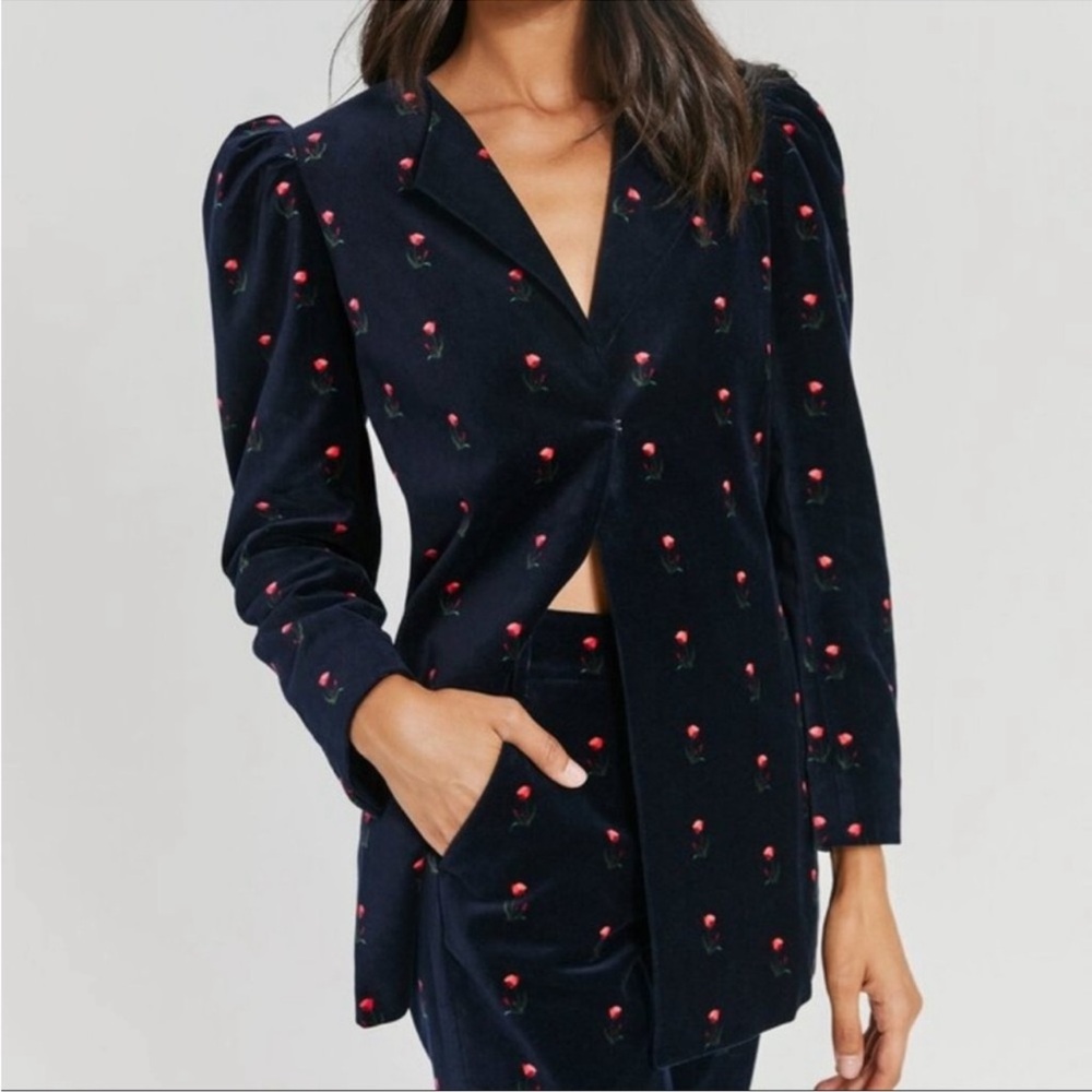 Something Navy Navy Velvet Blazer with Red Rose Embroidery